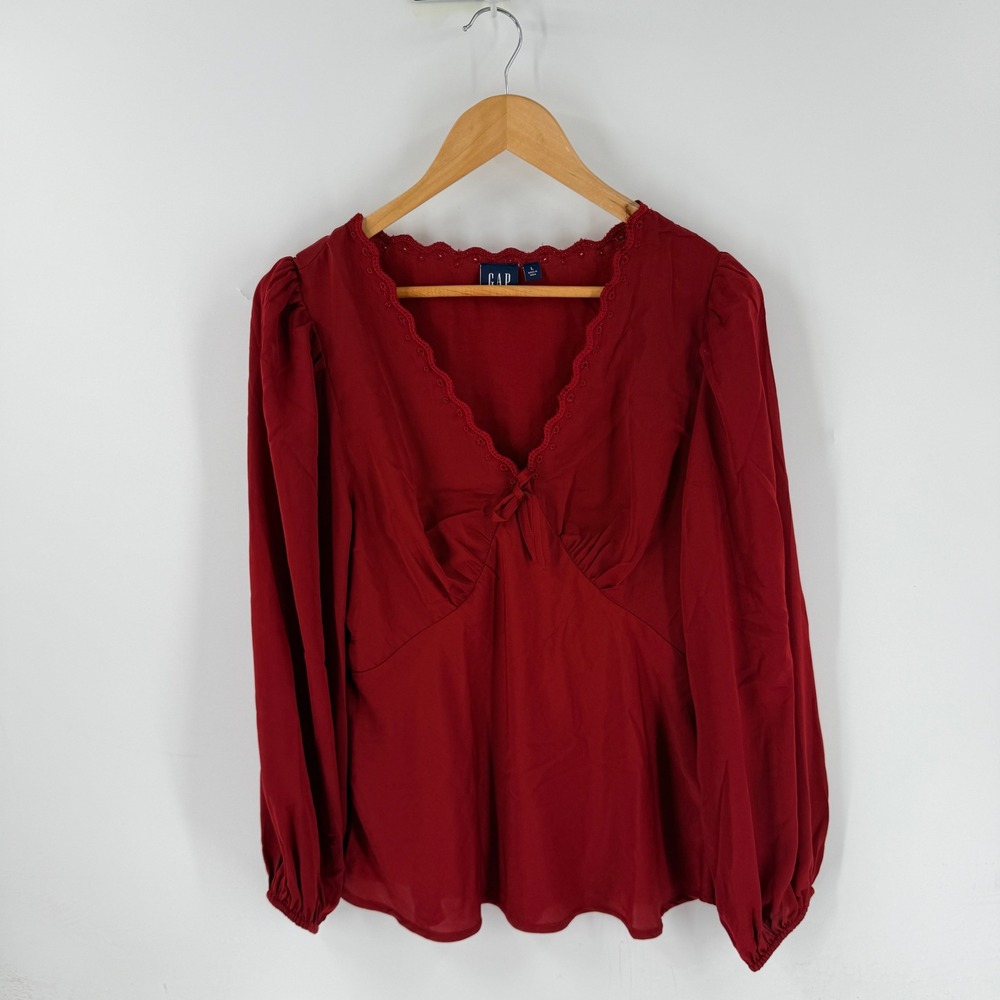 GAP Blouse Red L Eyelet Trim V-Neck Long Sleeve Peplum Boho Coquette Romantic